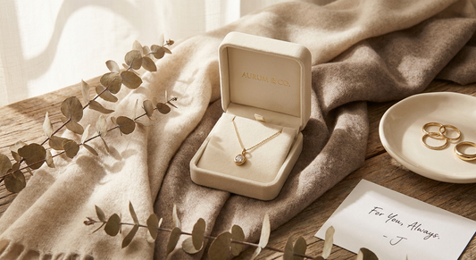 A carefully arranged personalized necklace gift setting with soft fabric and warm light