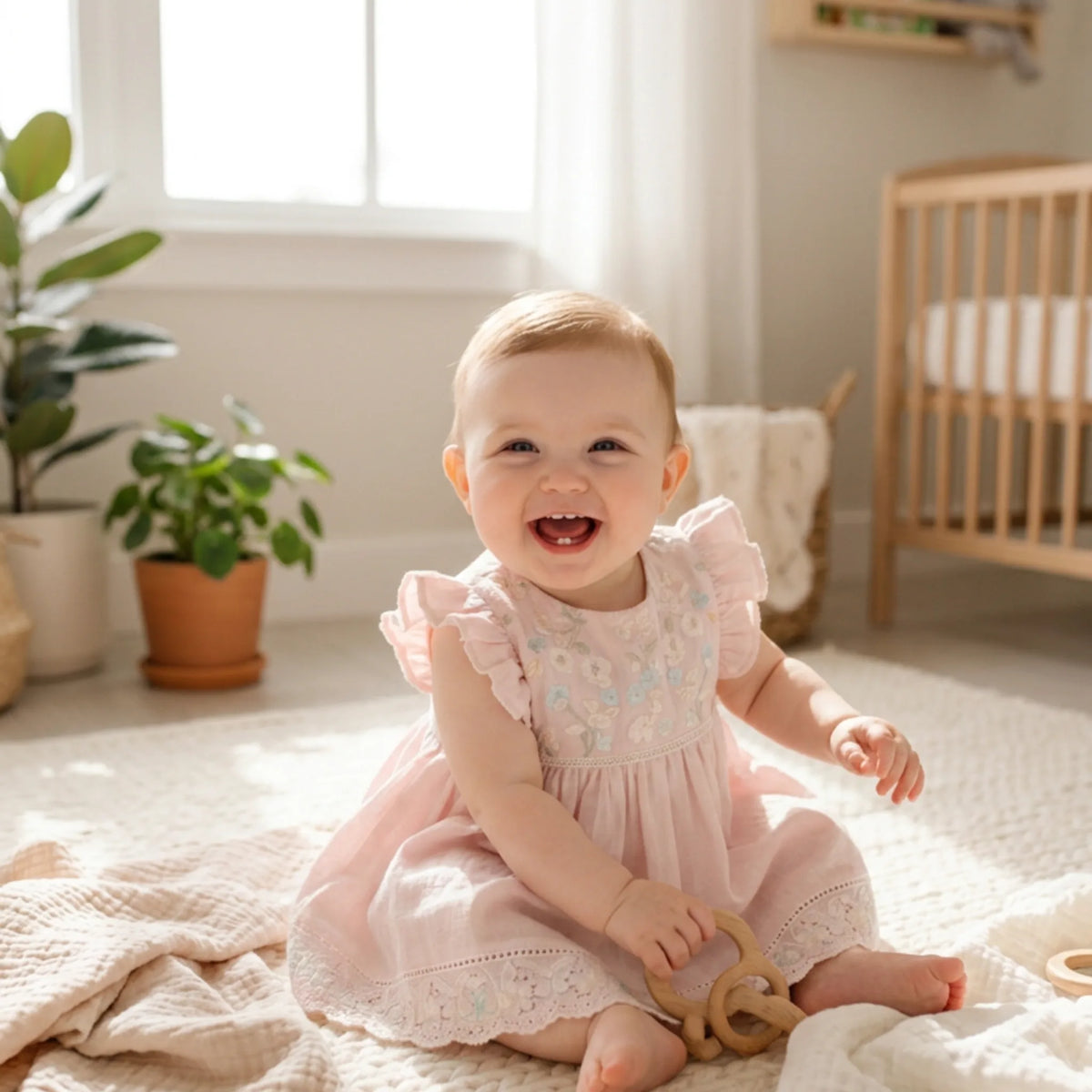 Embroidered Pink Baby Frock in Default Title color, shown in a lifestyle setting