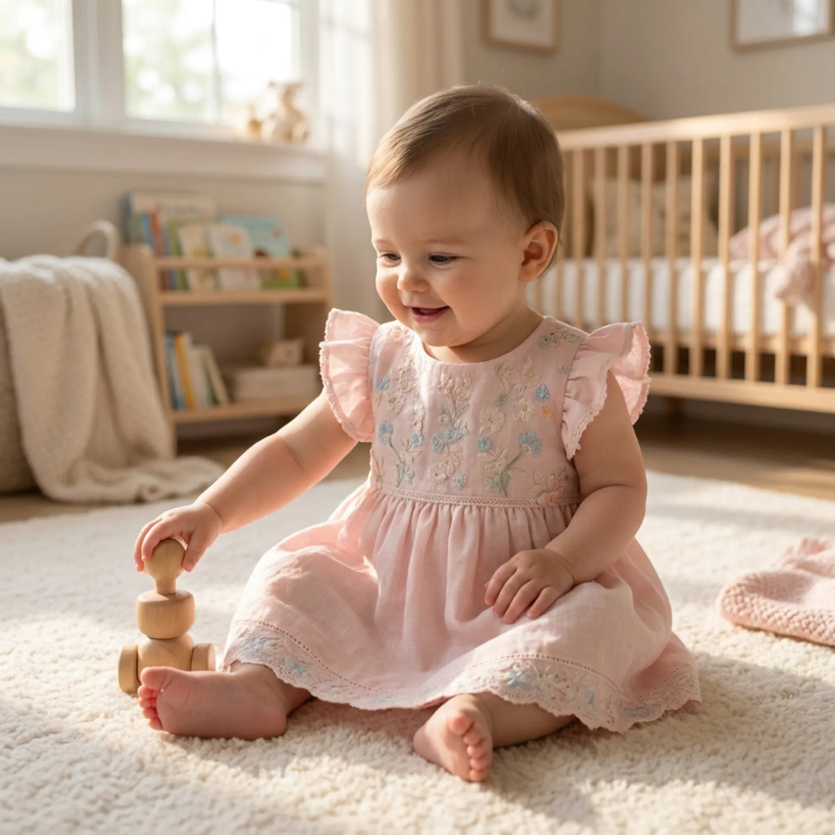 Embroidered Pink Baby Frock in Default Title color, shown in a lifestyle setting