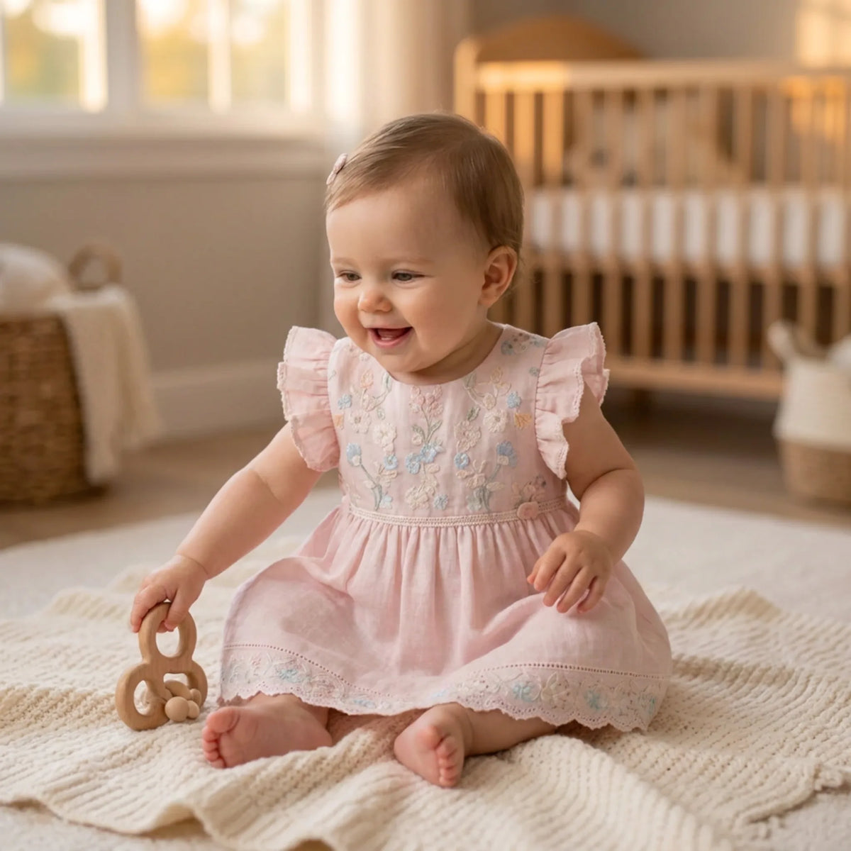 Embroidered Pink Baby Frock in Default Title color, shown in a lifestyle setting