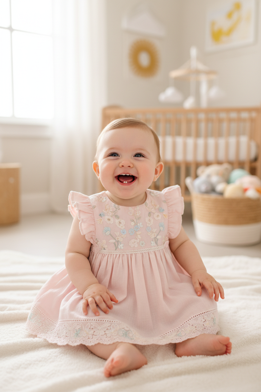 Embroidered Pink Baby Frock — Pink — A-line dress with floral embroidery on the bodice and ruffled sleeves